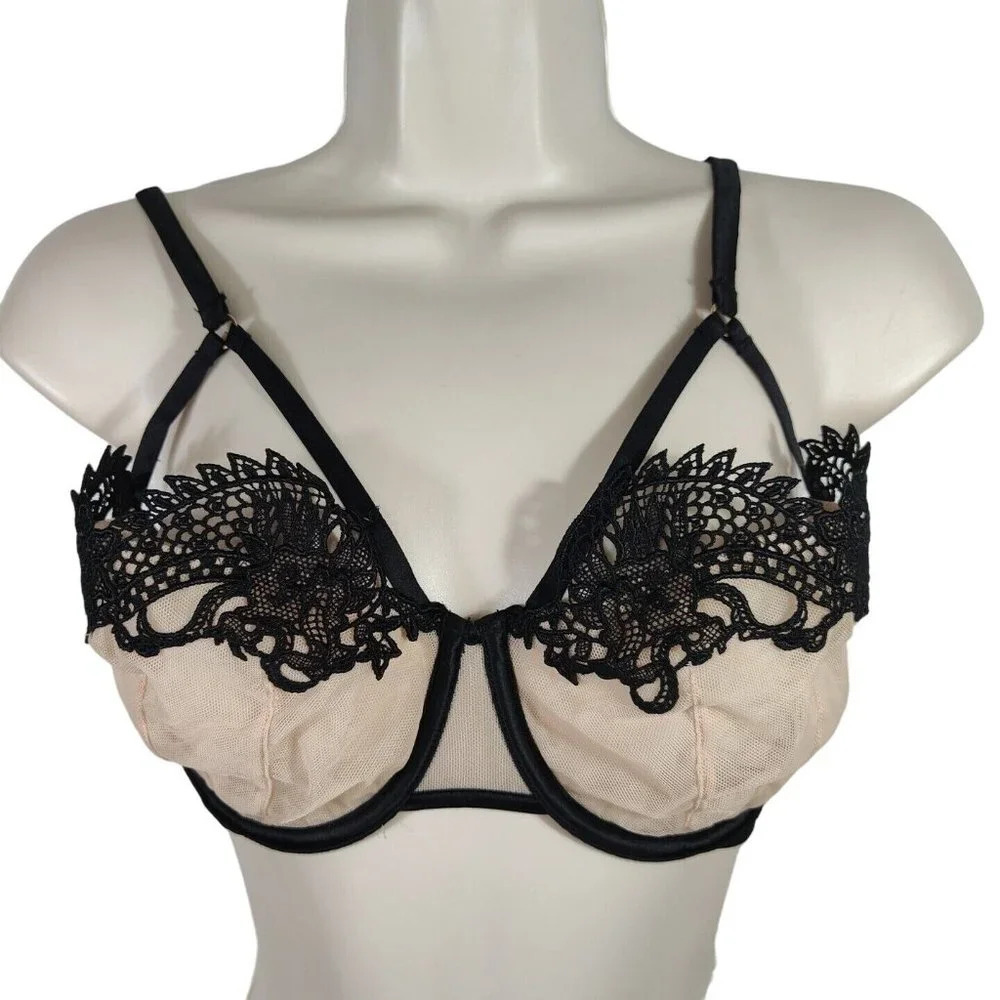 Victorias Secret Unlined Balconet Bra Women Size 32DD Tan Black Underwire